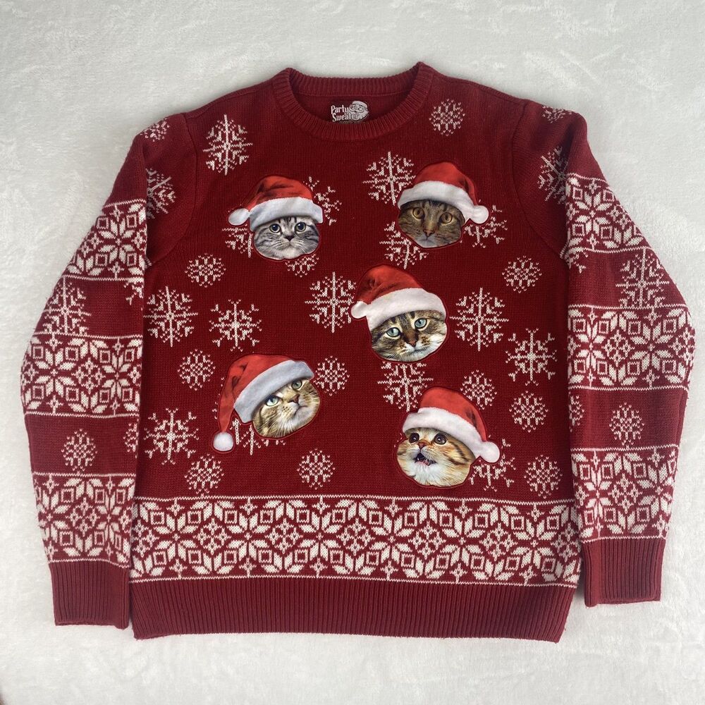Party Sweater Cat Christmas Ugly Sweater Womens Large Red Crewneck Long Sleeve - Picture 1 of 7